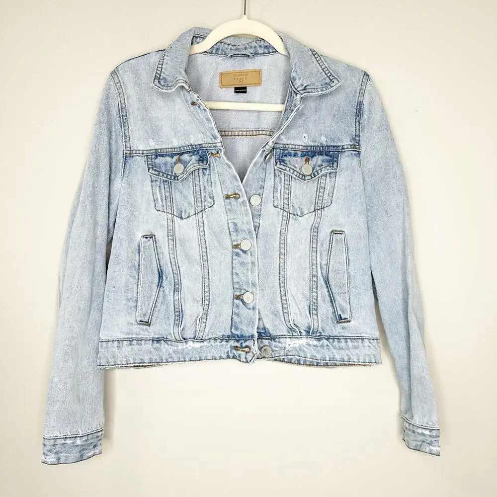 BLANKNYC Womens Jacket Long Sleeves Button Front Distressed Denim Light Wash S